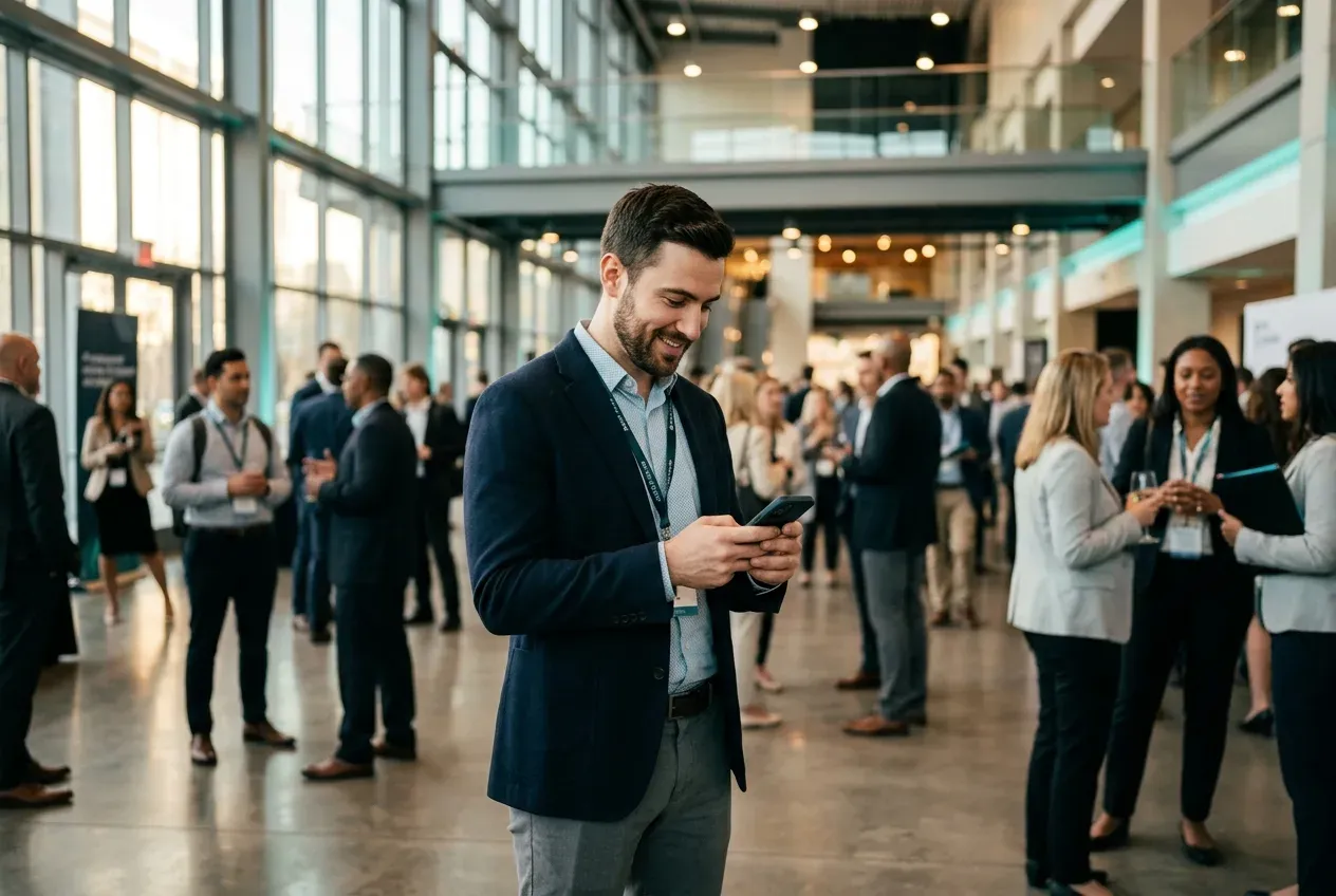 Professional discovering people nearby at a conference